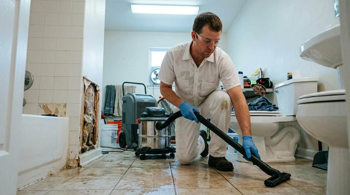 Technician extracting water from a bathroom floor after a plumbing leak