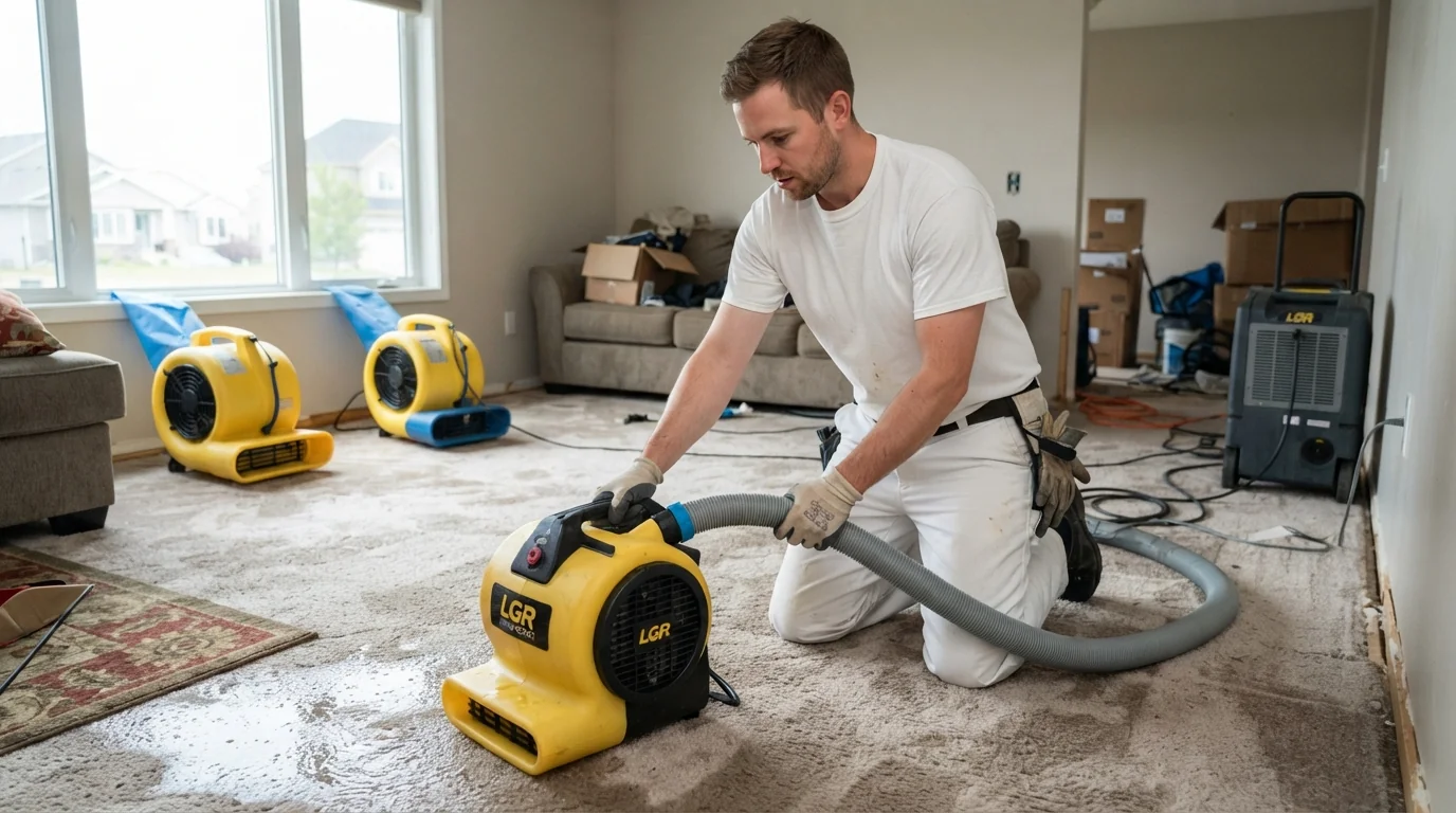 Technician using air movers to dry saturated carpet in a living room