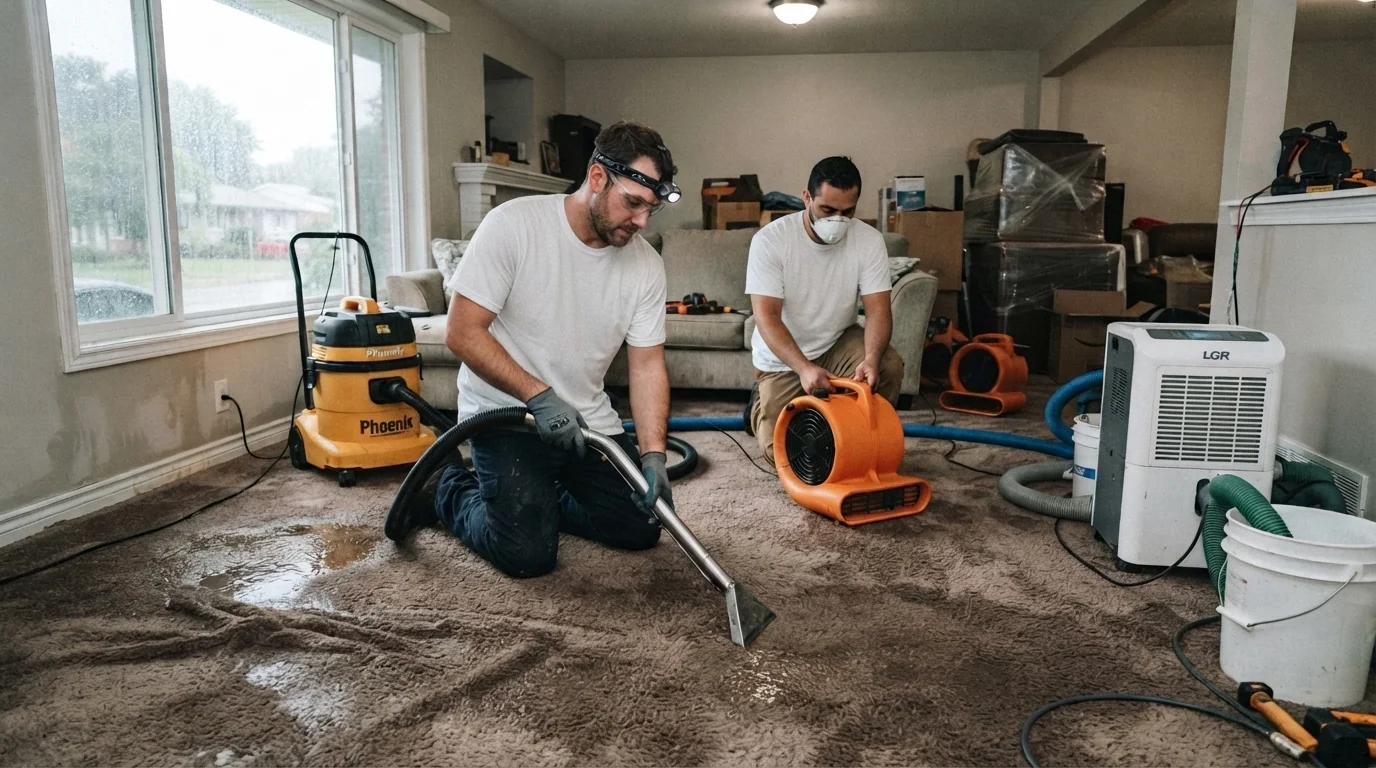 Two technicians extracting water from carpet with commercial equipment