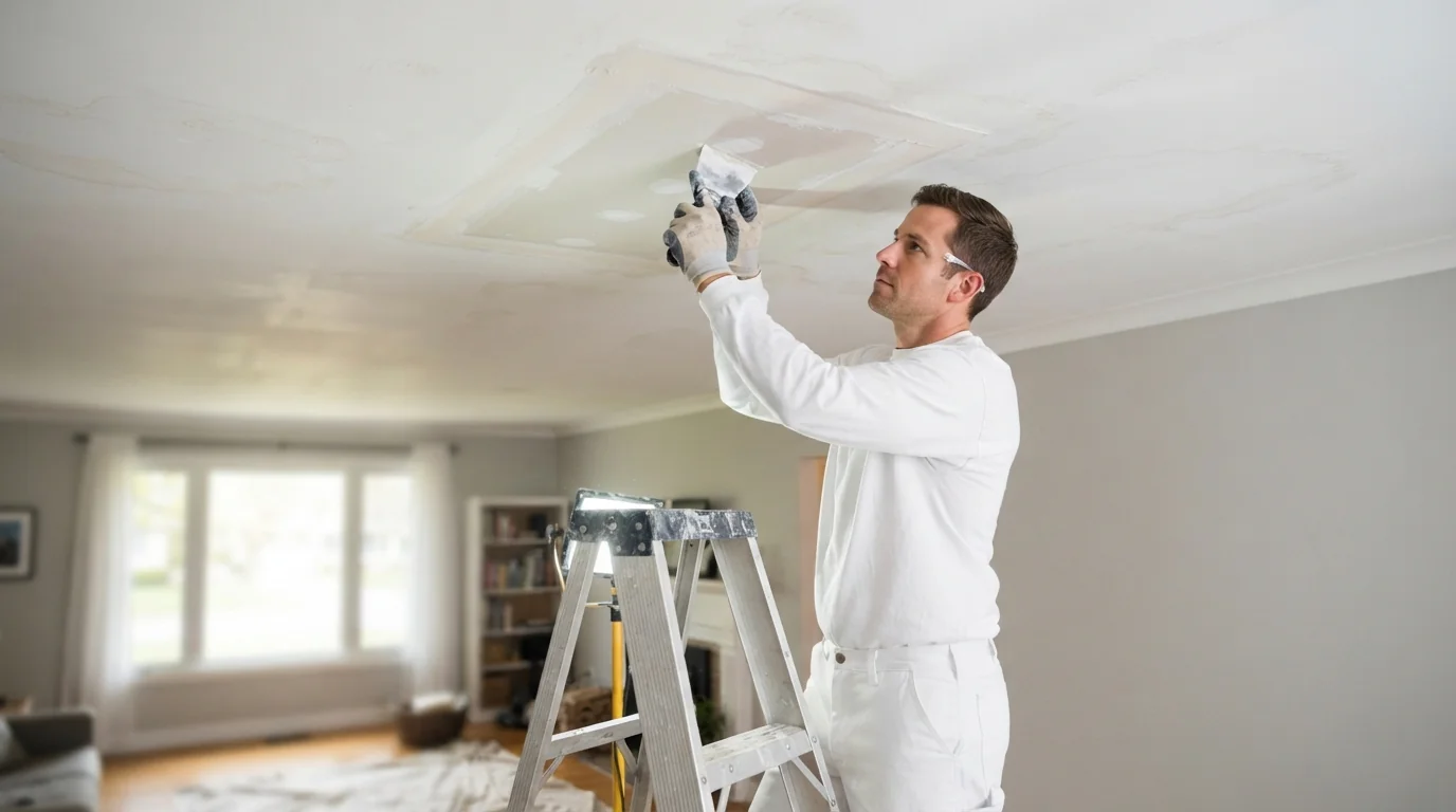 Technician repairing a water-stained ceiling from a ladder