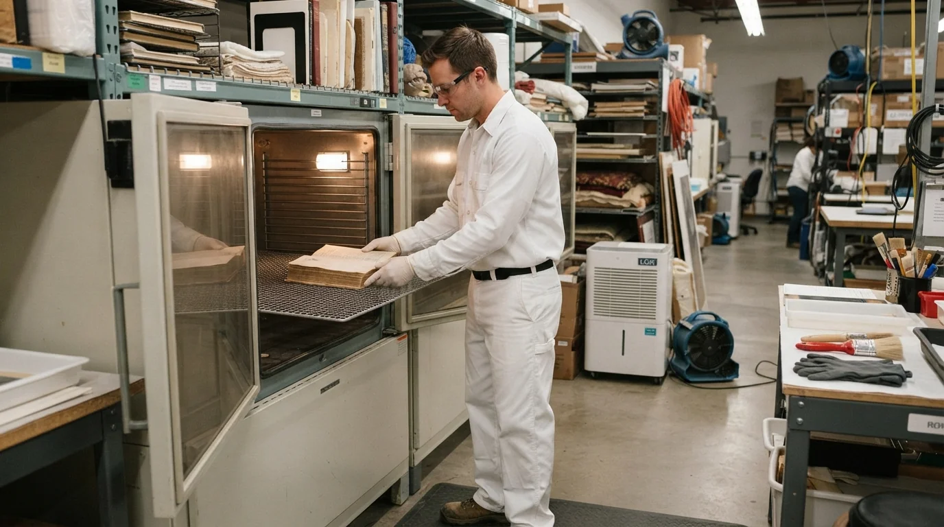 Technician placing water-damaged documents into a specialized drying chamber