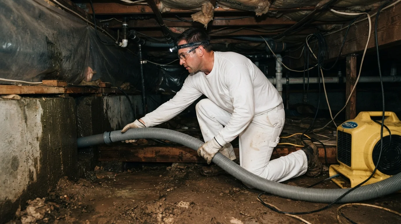 Crew drying and inspecting a crawl space with air movers and dehumidifiers